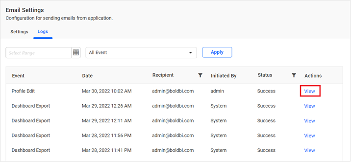 Email settings view