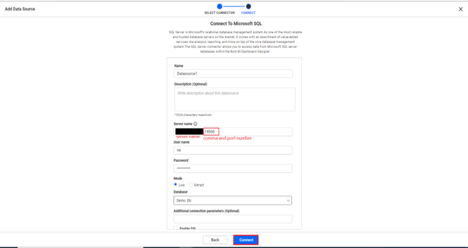 How To Connect SQL Server With Different Port Number In A Dashboard 