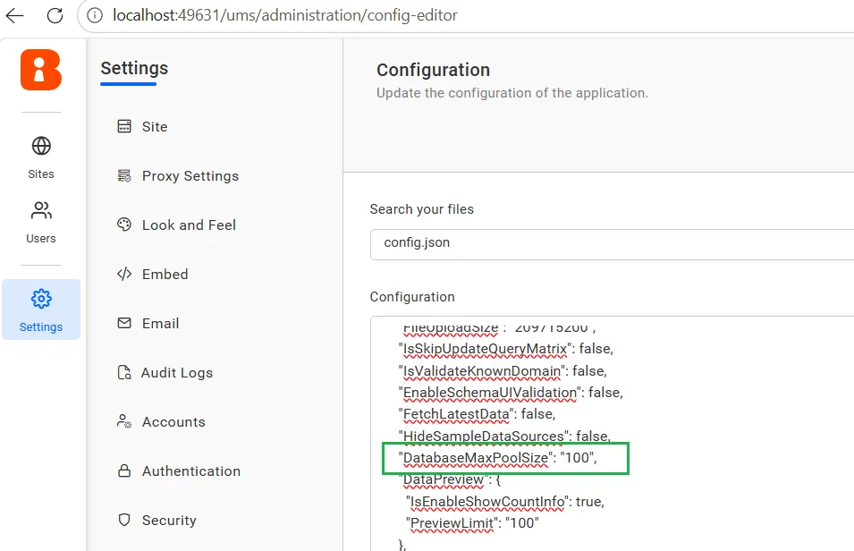 Introduced property to configure Maximum Connection Pool Size for Data connections for enhanced usability for connection management